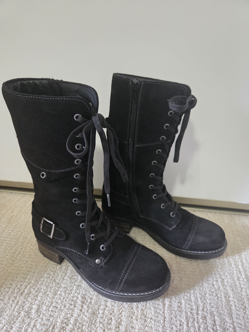 Taos Footwear Black Lace-Up Mid-Calf Buckle Boots